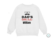 a white sweatshirt with the words dad's little dude written on it