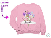 a pink sweatshirt with a bouquet of flowers on it