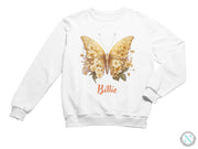 a white sweatshirt with a butterfly on it