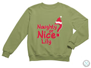 a green sweatshirt with a santa hat on it