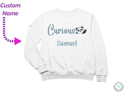 a white sweatshirt with the words curious and a panda on it