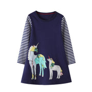 SkipStars Full Sleeve Beautiful Unicorn Pattern Girls Dress, Blue