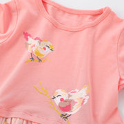Robe de fille en coton à manches longues avec thème d'oiseaux mignons en rose