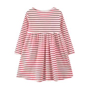 SkipStars Full Sleeve Cute Cats Theme Red Striped Girls Dress, Pink