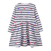 SkipStars Full Sleeve Beautiful Heart Print Striped Theme Girls Dress, White