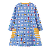SkipStars Full Sleeve Bees Print Pockets Girls Dress, Blue
