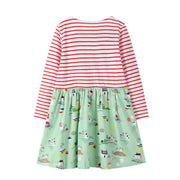 فستان بناتي مخطط بأكمام طويلة ، أخضر