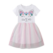 Kurzärmliges schönes Katzen-Blumenmuster-Mädchenkleid in Rosa | Kleinkind Kind Baby Mädchen Kleid Geschenk Prinzessin Mädchen Kleider Tücher 2-8 Jahre