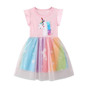 Kurzärmliges schönes Einhorn-Regenbogen-Mädchenkleid in Pink | Kleinkind Kind Baby Mädchen Kleid Geschenk Prinzessin Mädchen Kleider Tücher 2-8 Jahre