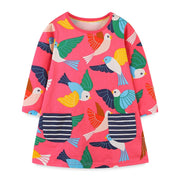 Long-Sleeve Birds Pattern Girls Dress