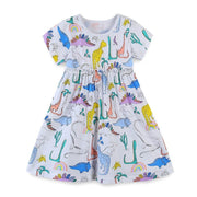 Dino Pattern Short Sleeve Girls Summer Tutu Dress