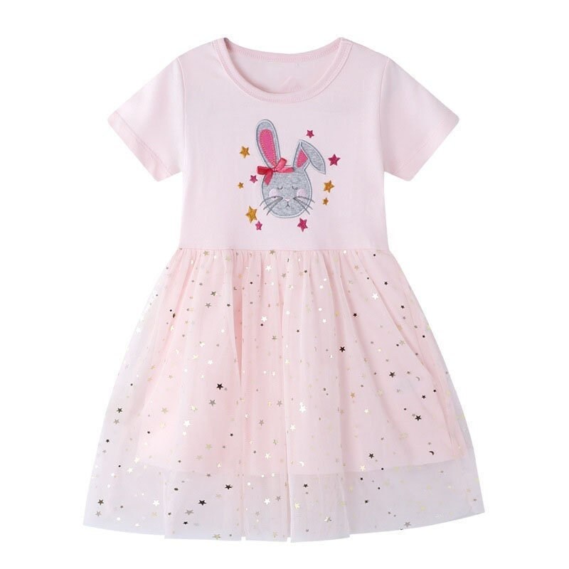 Princess Cute Bunny Pattern Pink Short Sleeve Summer Dress SkipStars Princess Cute Bunny Pattern Pink Short Sleeve Summer Dress SkipStars