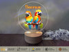 a couple of birds sitting on top of a wooden table