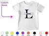 a white t - shirt with the letter l on it