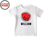 a white shirt with a red boxing glove on it